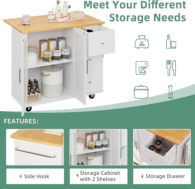 Shintenchi Rolling Kitchen Island Cart with Folding Drop Leaf Breakfast Bar, Portable Trolley Island with Large Storage Cabinet, Shelf and Drawer, White