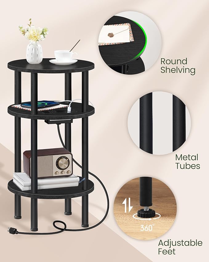 Small Round Side Table with Charging Station, 3-Tier Round End Table for Small Spaces, Nightstand for Living Room, Bedroom, Black TBZ06UBB