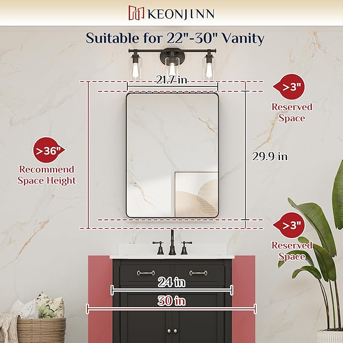 Keonjinn Black Bathroom Mirror, 22 x 30 Inch Rounded Rectangle Matte Black Bathroom Mirrors for Over Sink, Farmhouse Mirror with Seamless Frame, HD Tempered Glass Vanity Mirror(Horizontal/Vertical)