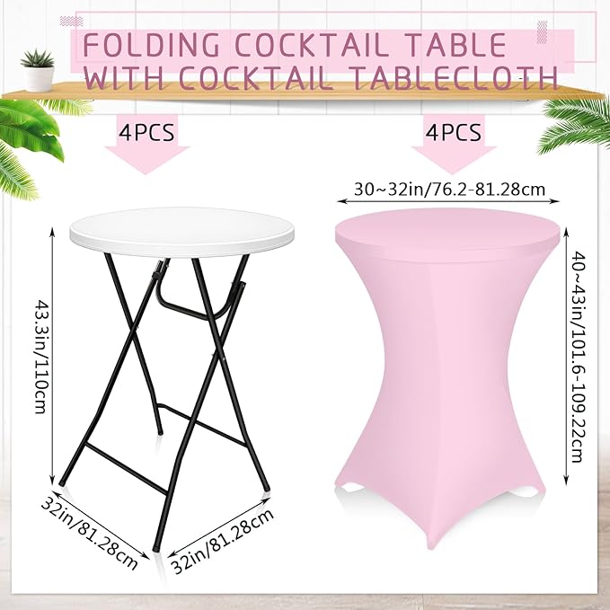 Wenqik 2 Sets 32" High Top Round Folding Cocktail Tables White Bar Height with Removable Legs & 32"x43" Spandex Stretch Table Covers (Pink)