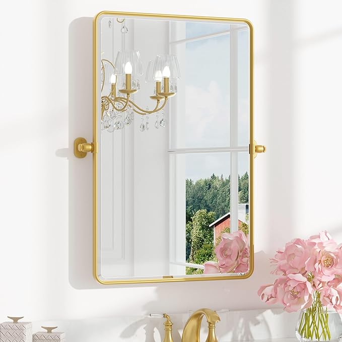 Keonjinn 24 x 36 Inch Pivot Mirror Bathroom, Gold Tilt Mirror Bathroom for Wall, Brushed Gold Beveled Pivot Rectangle Mirrors for Over Sink, Modern Metal Framed Vanity Mirrors, Horizontal/Vertical