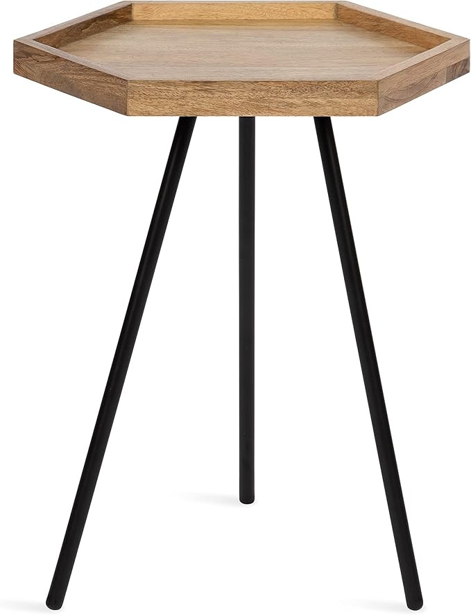 Kate and Laurel Kashvi Modern Hexagon Side Table; 17 x 15 x 20 Natural Wood and Black Decorative Geometric Farmhouse Bedroom Nightstand Table with Tripod Legs and Two Tone Finish