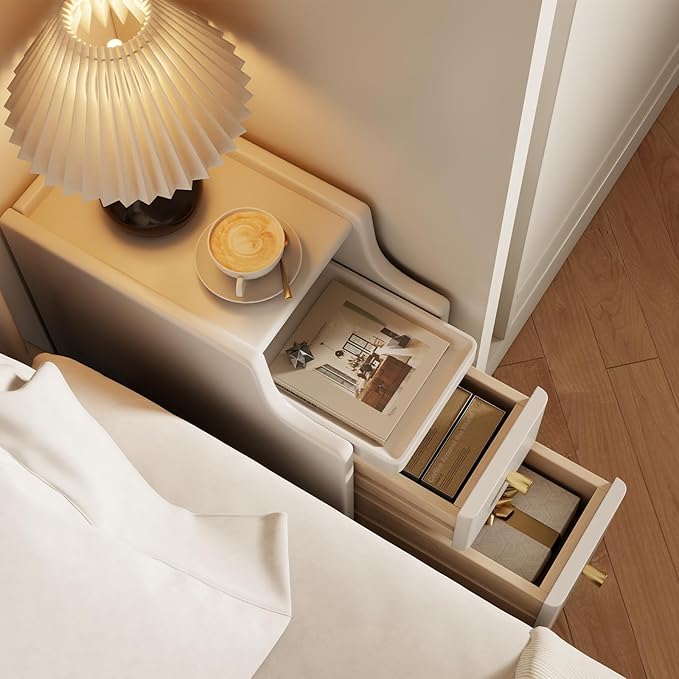 Narrow Nightstand with Drawers, Wood Bedside Table, Small White Nightstand Set of 2