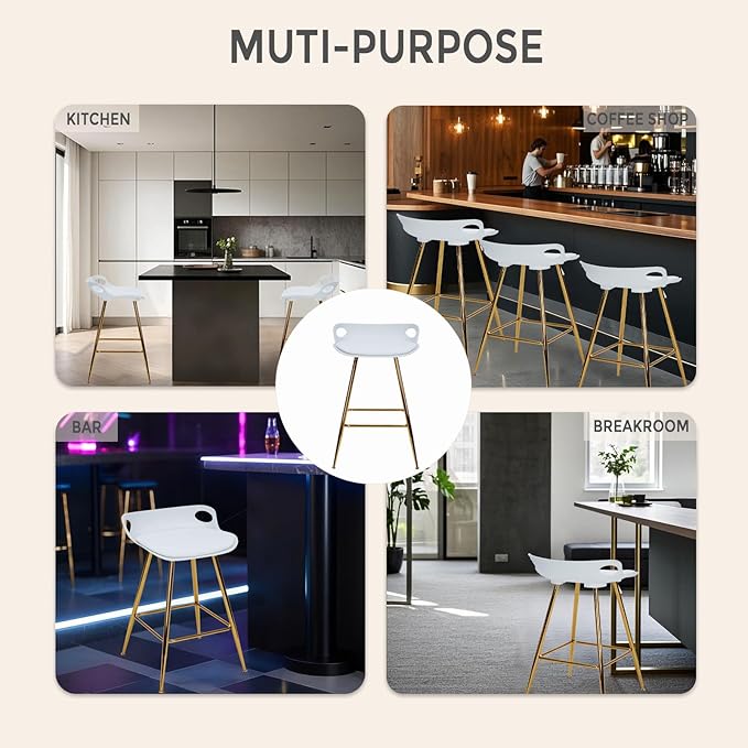 Sidanli Bar Stools Set of 2, Gold Bar Stools, Counter Height Stools with Leather Padded Seats and Footrests, 26 Inch White Barstools for Kitchen Island, Farmhouse or Home Bar