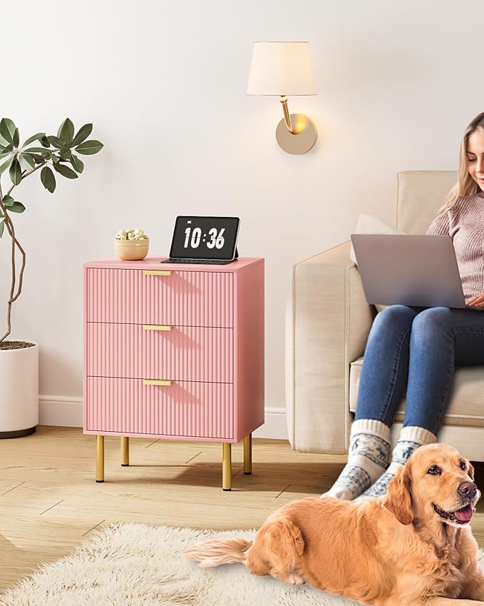 Night Stand,Tall Bedside Table with 3Storage Drawers,Pink nightstand,Bedside Furniture,Side Table with Gold Frame,Drawer Dresser for Bedroom,Living Room (Modern-3drawers, Pink)