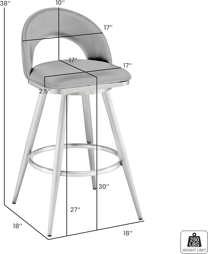 Armen Living Charlotte Swivel Bar Stool in Black Metal with Grey Faux Leather