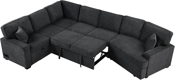 126" Extra Large Pull-Out Sofa Bed with Drop-Down Cup Holder Tables,L-Shaped Sectional Couch W/Charging Device,Convenient Sleeper Furniture Set for LivingRoom Apartment,Beige Chenille