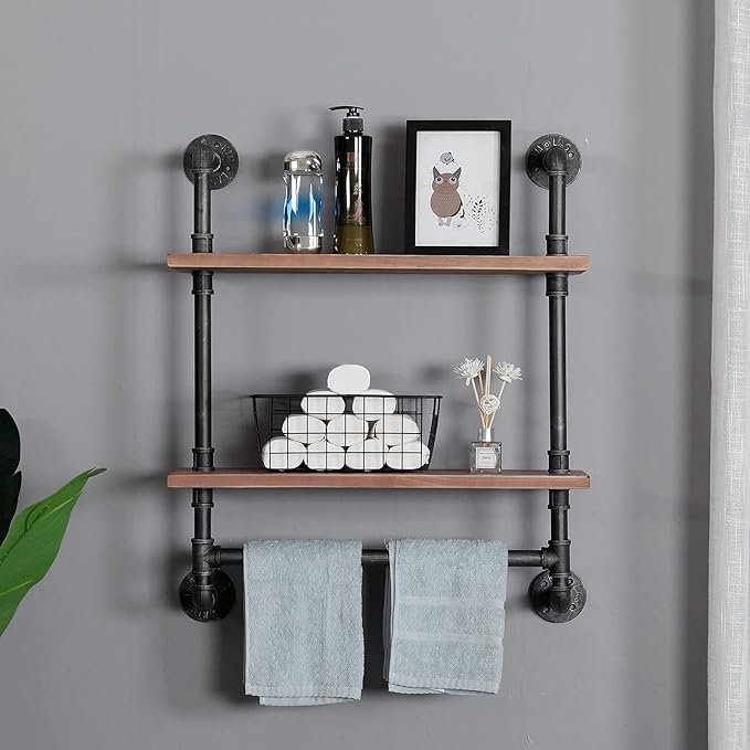 SSS Furniture Industrial Pipe Shelving Bathroom Floating Shelves Wall Mounted, 2 Tier 24 inch Rustic Wood Shelf with Towel Bar, Farmhouse Towel Rack Bathroom Shelf Over Toilet