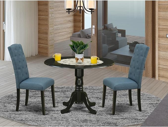 East West Furniture DLCE3-BLK-21 3 Piece Dining Table Set Contains a Round Dining Room Table with Dropleaf and 2 Mineral Blue Linen Fabric Upholstered Chairs, 42x42 Inch, Black