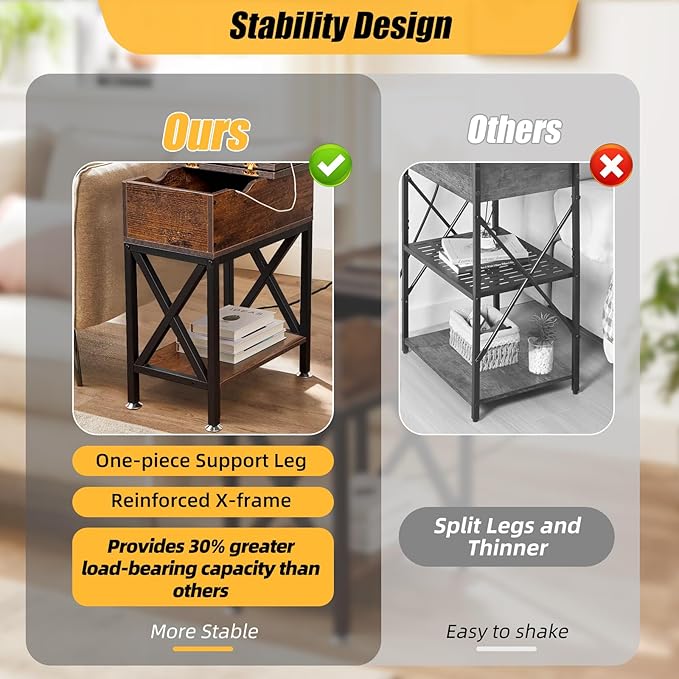 TooCust End Tables Living Room Set of 2, Side Table with Charging Station Flip Top, 11"D x 24"W x 23"H, Narrow Side Table with 5.3" Deep Drawer, Couch End Tables Set of 2, Steel X-Frame, Rustic Brown