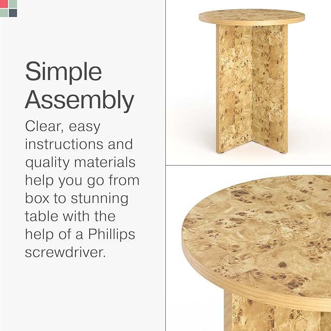 Round Natural Burl End Table for Living Room - 16" Round x 19.2" H - Lacquered Natural Finish & Solid Cross Base - Burled Side Table with Padded Feet - Versatile Nightstand