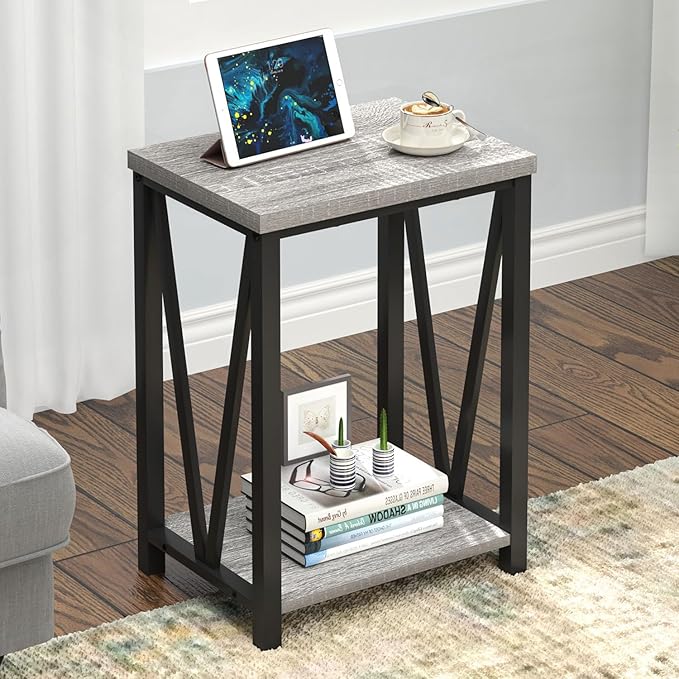 FOLUBAN End Table, Rustic Wood and Metal Side Table with Storage, Modern NightStand for Living Room Bedroom, Small Spaces, Light Grey