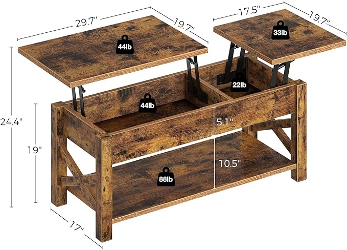 Rolanstar Coffee Table 47.2", 2 Way Lift Top with Hidden Compartment, Lift Top Coffee Table with Open Shelf & X Wooden Support, Center Table for Living Room, Rustic Brown