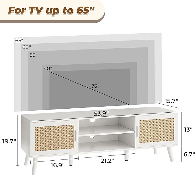 SUPERJARE TV Stand for 65 Inch TV, Entertainment Center with Adjustable Shelf, Rattan TV Console with 2 Cabinets, Media Console, Solid Wood Feet, 4 Cord Holes, for Living Room, White-8750W