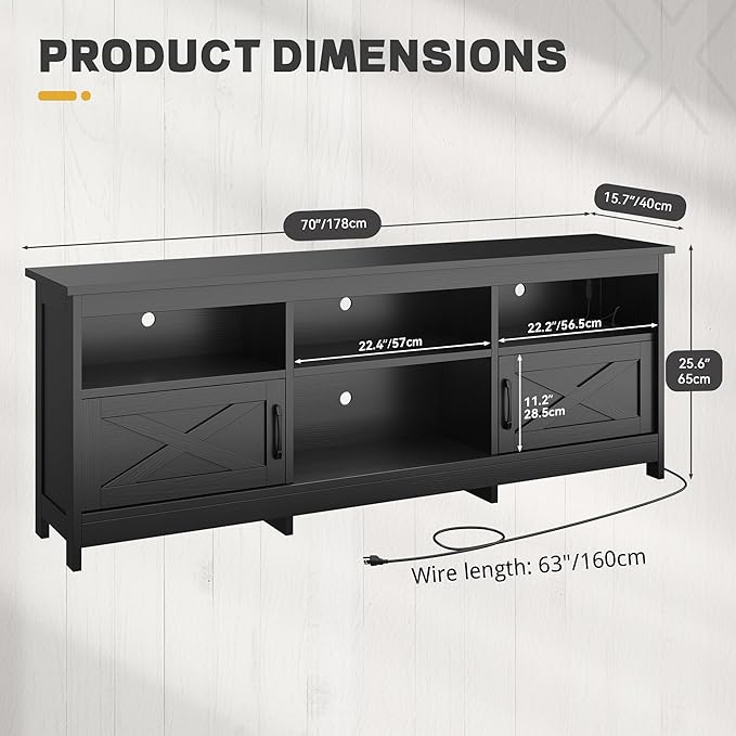 YITAHOME TV Stand for 80/75/70 Inch TVs with LED Lights, Farmhouse Entertainment Center with Storage Cabinets, Open Shelves & Adjustable Shelf for Living Room, Black