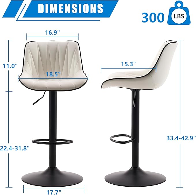 YOUNIKE Bar Stools Set of 2 for Kitchen Island, White Faux Leather Padded Bar Stools, Adjustable Barstools with Back, Modern Tall Bar Stools with 300LBS Support, Counter Height Swivel Bar Chairs