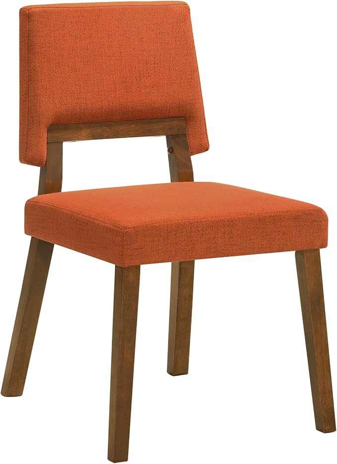 Armen Living Channell Mid Century Modern 6 Piece Walnut Wood Dining Table Set with Bench in Orange Fabric