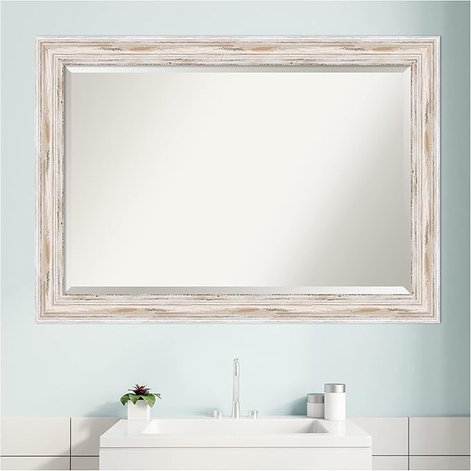 Amanti Art White Bathroom Mirror for Over Sink, 29x41 Alexandria White Wash Rectangle Vanity Mirror, Large Coastal Wood Frame, Hangs Horizonally and Vertically, Bathroom Wall Decor, Beveled Edge