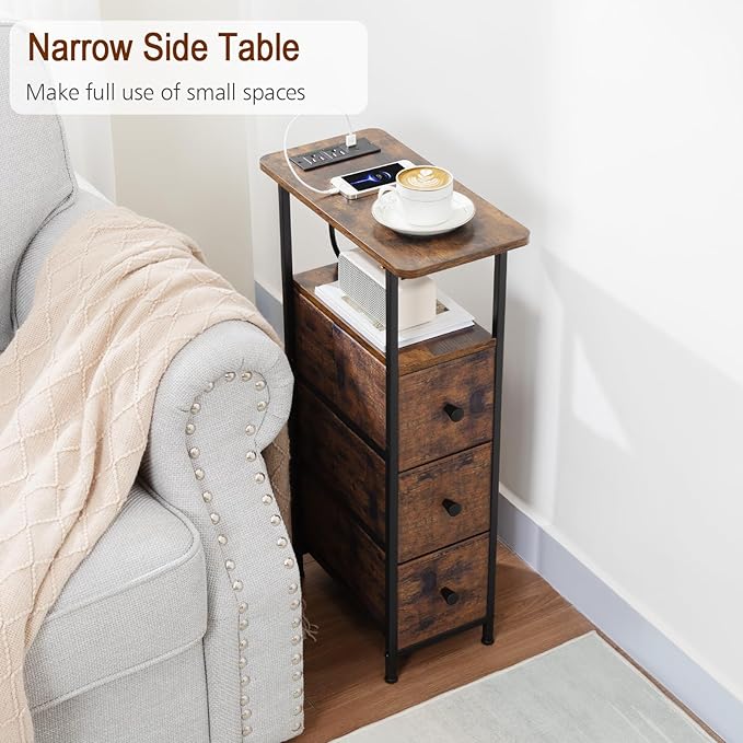 Narrow End Table Living Room with Charging Station, Skinny Side Table with Fabric Drawers, Slim Nightstand for Bedroom, Small Spaces, Couch, Rustic Brown, HETNDP03PBR-1