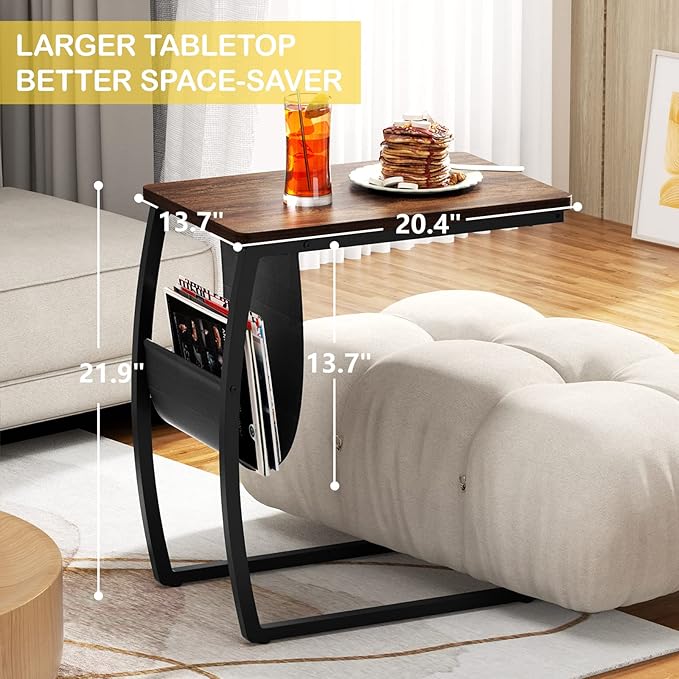 SRIWATANA Side Table End Table, Vintage C Shaped Couch Table with Side Pocket for Sofa Laptop Coffee Snack, Walnut