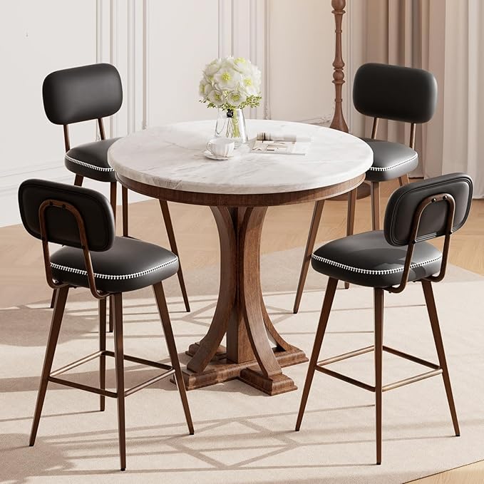 Swivel Bar Stools Set of 4, Mid Century PU Leather Counter Height Bar Chairs with Low Back and Metal Legs, Modern Bar Stool Chair for Kitchen Island, Black