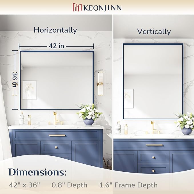Keonjinn 42 x 36 Inch Blue Framed Mirror Bathroom Vanity Mirror for Wall Metal Frame Rectangle Navy Blue Bathroom Mirror Large Square Corner Modern Farmhouse Mirror for Over Sink(Horizontal/Vertical)