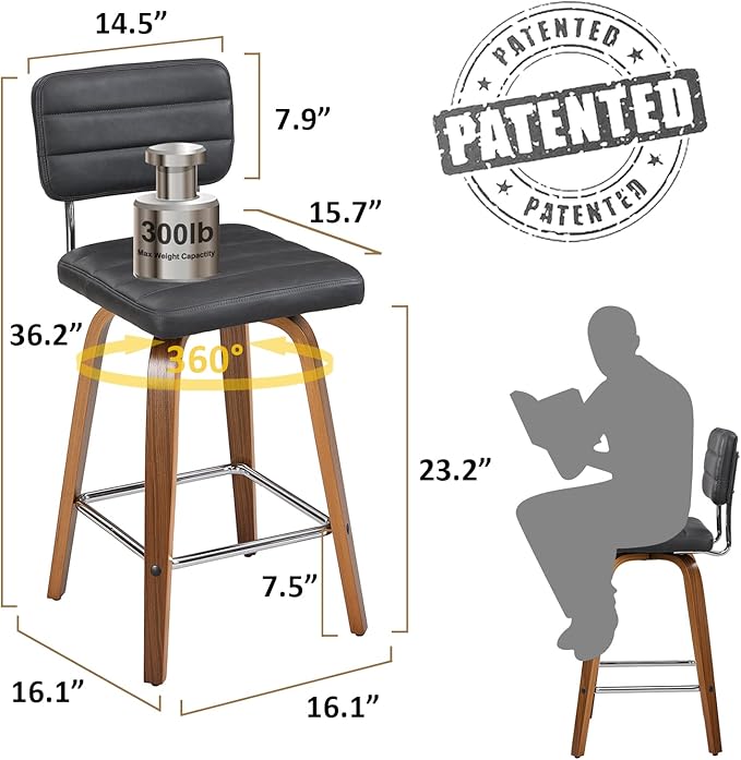 Counter Height Bar Stools Set of 2 Wood Swivel Bar Stools for Kitchen Island Modern Square Barstools with Leather Back Cushion Industrial Vintage Bar Chair Rustic Furniture for Home Pub 26 Inch Grey