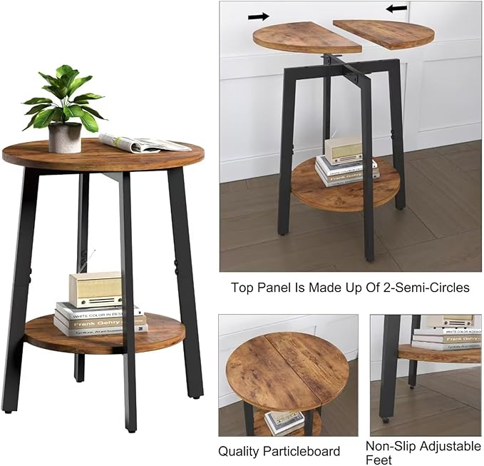 Side Table, Small Round End Table with Storage Shelf for Small Space, 2-Tier Bedside Table Sofa Couch Table, Round Accent Table Nighstands for Living Room, Bedroom, Rustic Brown