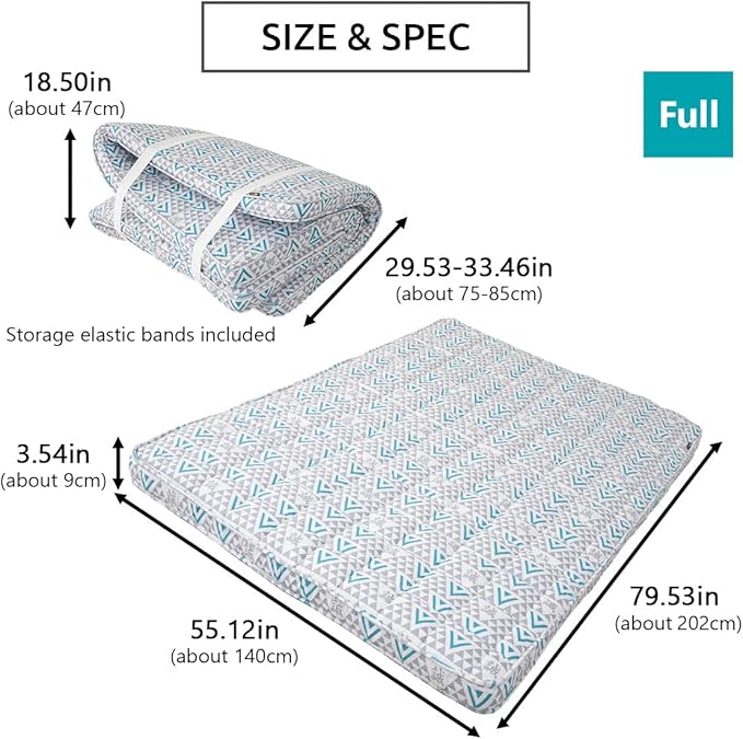 EMOOR Japanese Padded Futon Mattress Machi Full Triangle-Gray (Shinsengumi Makoto), Gusset Foldable Storable Elastic Bands Floor Sleeping Guest Bed Tatami Mat