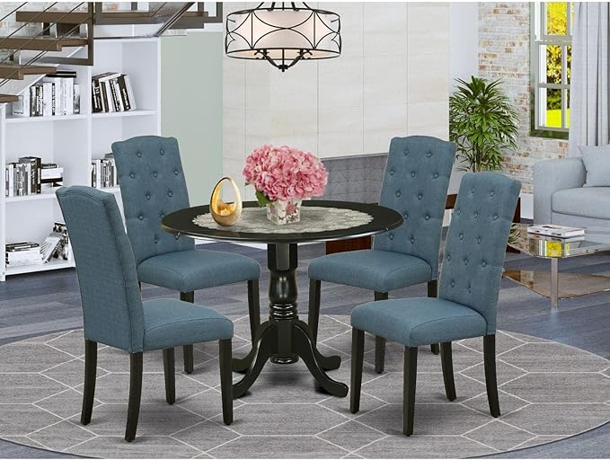East West Furniture DLCE5-BLK-21 5 Piece Kitchen Table & Chairs Set Includes a Round Dining Table with Dropleaf and 4 Mineral Blue Linen Fabric Upholstered Chairs, 42x42 Inch, Black