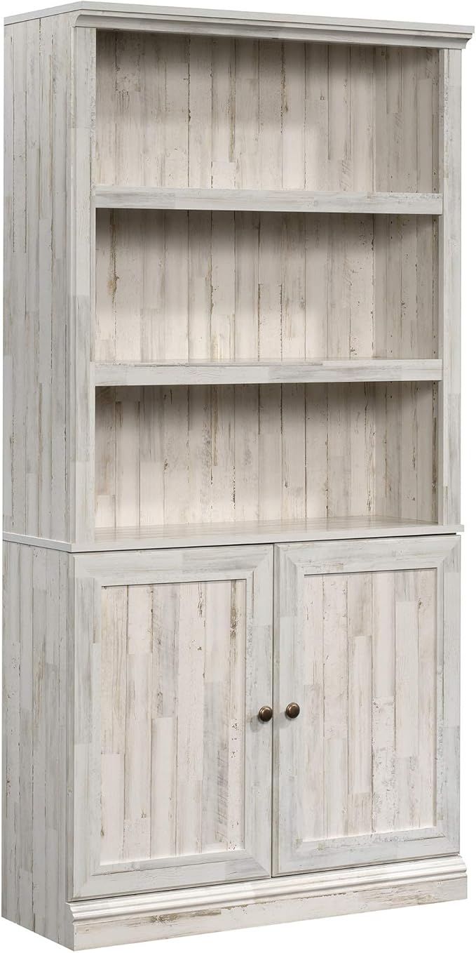 Sauder Select Book Shelf, Bookshelf with Storage, Library Bookcase with Doors and Adjustable Shelves, in White Plank
