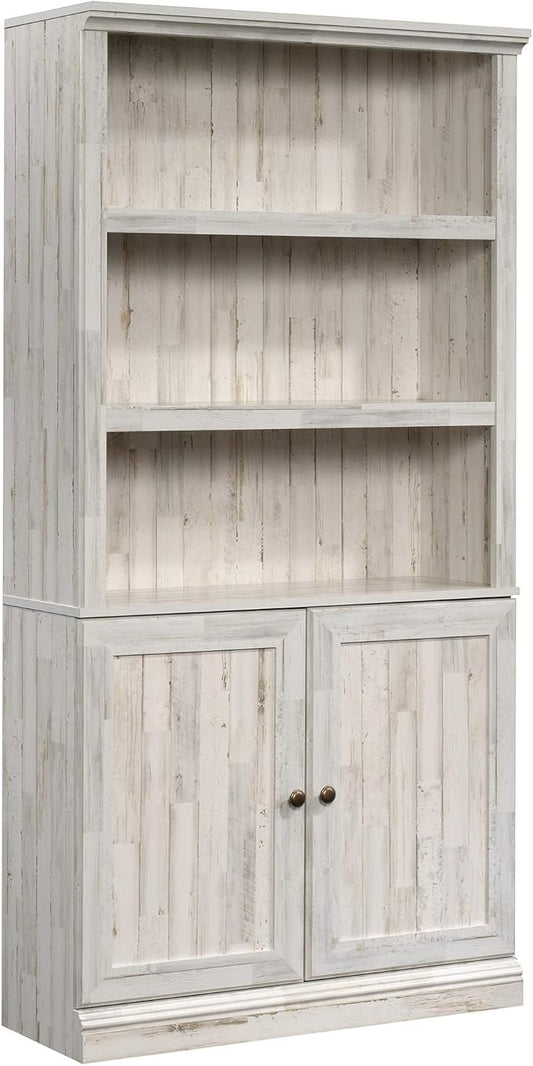 Sauder Select Book Shelf, Bookshelf with Storage, Library Bookcase with Doors and Adjustable Shelves, in White Plank