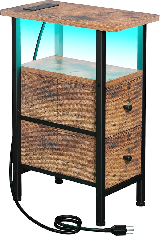 Narrow End Table Living Room with Charging Station, Skinny Side Table with Fabric Drawers, Slim LED Nightstand for Bedroom, Small Spaces, Couch, Rustic Brown, HETNDP02LPBR-1