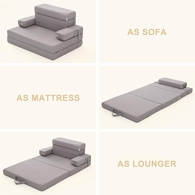 Sleep 4 Inch Foldable Mattress, Portable Floor Mattress Couch with Headrest, Washable Cover, Foldable Foam Couch Queen for Guest Bed, Folding Sofa Bed, Camping, Road Trip, Dark Grey