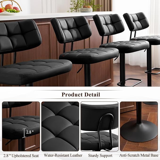 Furniliving Modern Bar Stools Set of 2 Faux Leather, Upholstered Swivel Barstools with Back, Adjustable Bar Chairs Counter Height for Kitchen Island, Dining Space, Black
