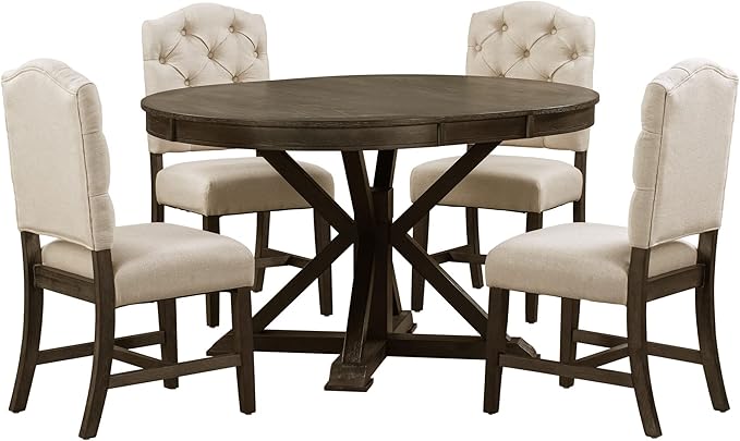 SogesPower 5-Piece Retro Dining Table Set, Round Farmhouse Kitchen Table Set for 4, Space-Saving Kitchen Table Set with Extendable Table and 4 Upholstered Chairs for Dining Room Living Room,Espresso