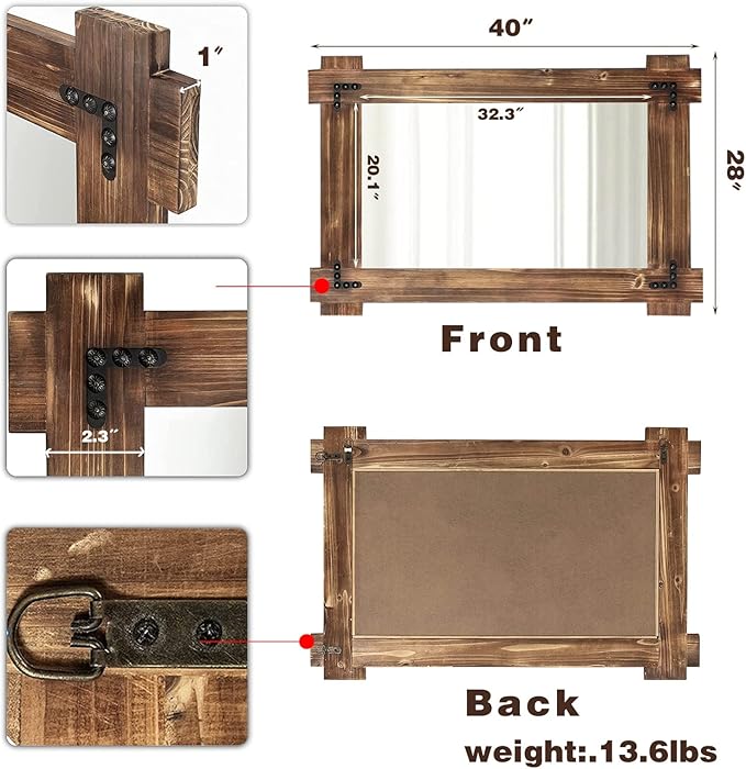 MeMoreCool Rustic Wooden Framed Wall Mirror, Farmhouse Decorative Vanity Mirror, Wall Mounted Rectangular Mirror for Bathroom, Bedroom, or Living Room, 40x28 Inches
