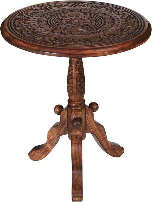 The Wooden Town Handcrafted Carved Round Side Table – 18x21 Inch Coffee Table for Living Room | Solid Wood Accent End Table with Pedestal Base | Altar Table for Home Décor