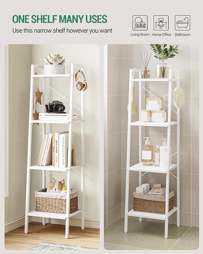 Ladder Shelf, Bookshelf Bookcase, Freestanding Corner Storage Shelve with 2 Hooks for Home Office, Living Room, Kitchen, Bedroom, Industrial, 4-Tier White BC13213W