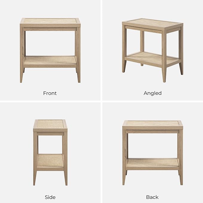 SICOTAS Rattan Nightstand Bedside Table - Farmhouse Boho Narrow Accent End Table with 2 Open Rattan Shelves for Bedroom, Living Room, Small Spaces - Light Oak