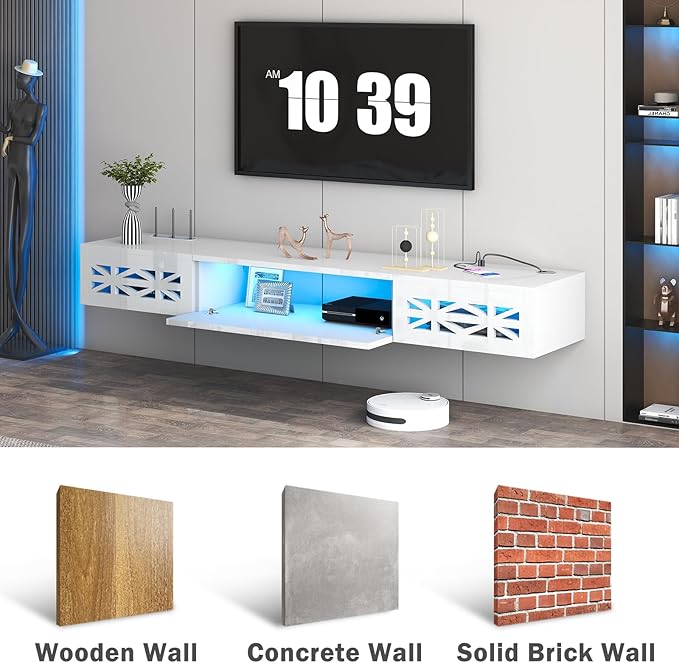 Floating TV Stand, 71" Floating Entertainment Center Wall Mounted,Floating Wall Mounted TV Shelf with Modern High Gloss tv Cabinet Media Console with Storage