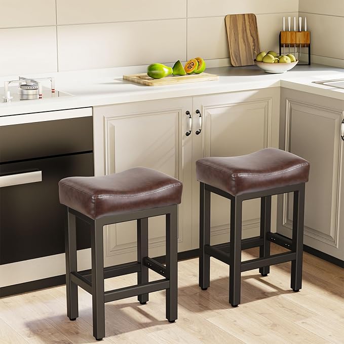 Counter Height Bar Stools Set of 2, 24 Inch Barstools for Kitchen Island Counter, Bonded Leather Kitchen Stools with Thick Saddle Seats & Heavy Duty Metal Base, Easy Assembly, Brown/Black