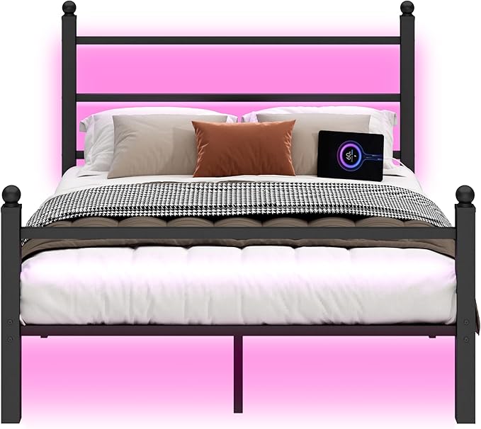Queen Bed Frame with Headboard and Footboard,Steel Slats Support-LED Bed Frame with USB Charging Station,Mattress Foundation-Under Bed Storage,No Box Spring Needed,Noise Free,Black