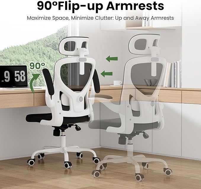 Ergonomic Office Chair, Comfy Home Office Chair High Back Computer Chair with Headrest, Adjustable Back Support, Flip-Up Arms, 90-120° Tilt and Wide Cushion, Up to 300lbs, Black+White