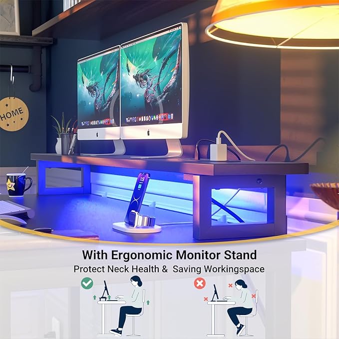 Computer Desk with USB Power Outlets and LED Lights,55 inch Gaming Desk with Monitor Stand for Small Space Home Office, Modern Simple Study Writing Table PC Desks, Black