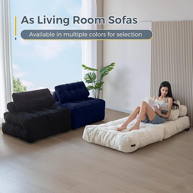 MAXYOYO Folding Sofa Bed, Convertible Sleeper Chair with Pillow Foldable Matress with Back Support, Portable Fold Out Chair Bed Comfy Floor Sofa Lounge for Living Room Bedroom, Navy, Single