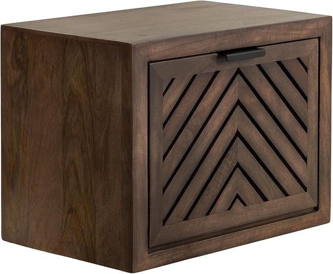 Kate and Laurel Mezzeta Modern Floating Shelf Side Table with Storage Cubby; 16 x 10 x 12; Natural Wood; Decorative Slatted Wood Floating Nightstand with Pull Down Door for Use as Bathroom Storage