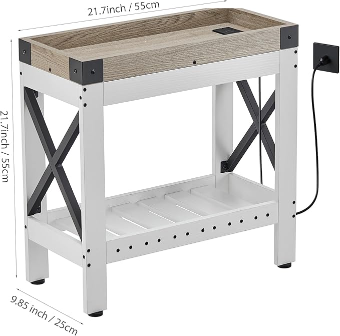 Narrow Side Table, Farmhouse End Table with Charging Station for Small Spaces, with 2 USB and 2 Power Outlets, 21.7" L x 10" W x 21.7" H