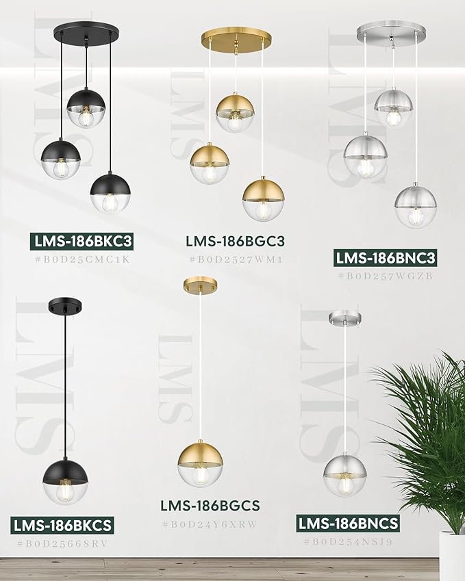 LMS 6-inch Modern Pendant Light, Matte Black Kitchen Pendant Light with Clear Globe Glass, Adjustable Hanging Farmhouse Pendant Light Fixtures for Dining Room Living Room Kitchen Island, LMS-186BKCS