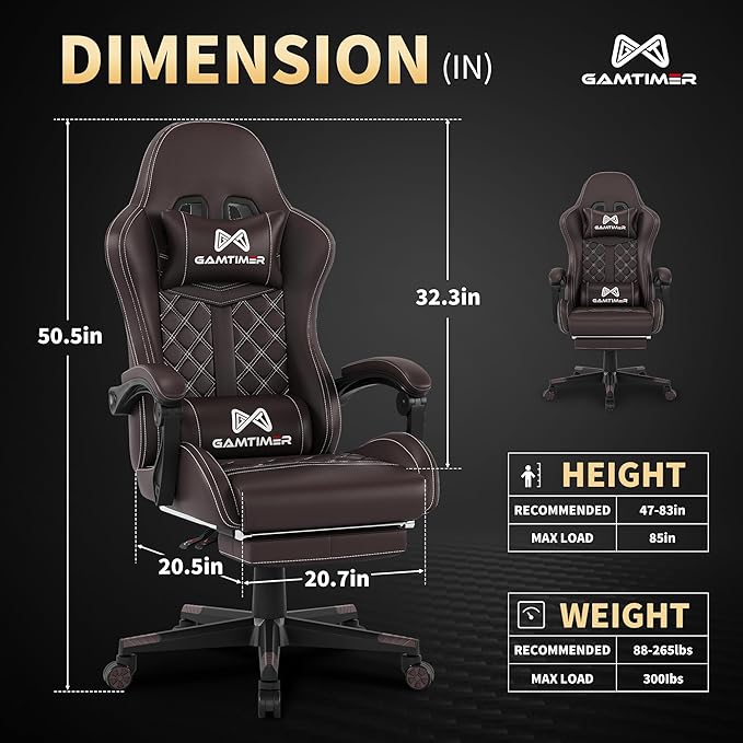 Gaming Chair, 400 lbs Adult Chair, High Back Computer Chair with Footrest and Linked Armrests, Office Video Game Chair with Lumbar Support (Brown)